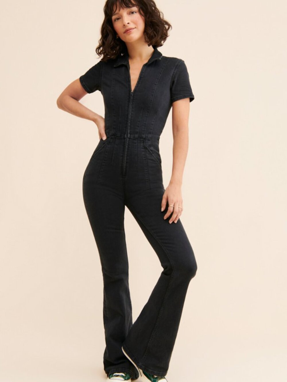 We The Free People Black Stretch Denim Jayde One Piece Jumpsuit Small NEW